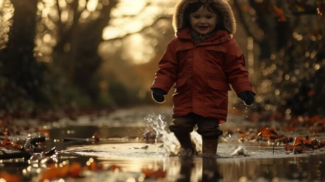 Child splashing in puddle, autumnal forest scene.