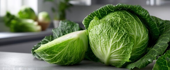 Fresh cabbages on a kitchen counter