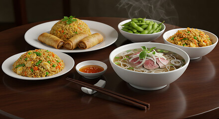 Delicious Asian Cuisine Pho Fried Rice Spring Rolls and Edamame on a Table