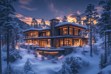 Obraz premium Luxurious mountain home, snowy landscape, evening