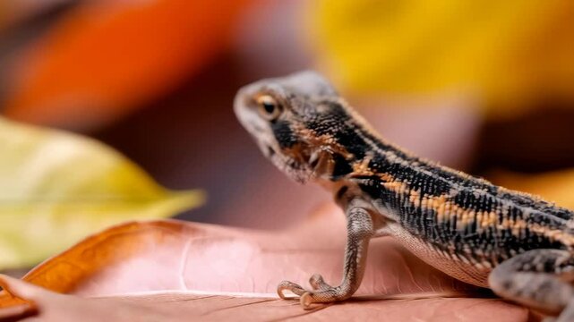 Small exotic lizard resting on a pink leaf, close-up animal portrait
