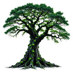 Giant, ancient tree with bioluminescent moss clinging to its trunk and branches, glowing green, whole tree, isolated, png transparent background