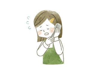 電話口で謝罪をしているエプロンを着用した女性-水彩