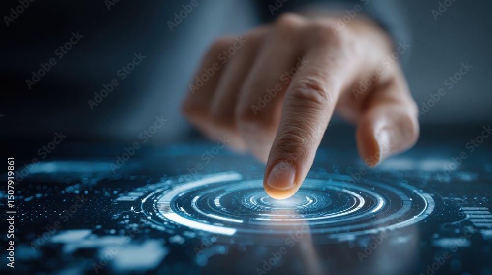 Poster futuristic dashboard concept featuring finger touching circular button for ai-driven goal map interf