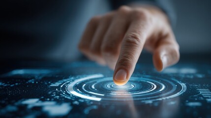 Futuristic dashboard concept featuring finger touching circular button for ai-driven goal map interface design