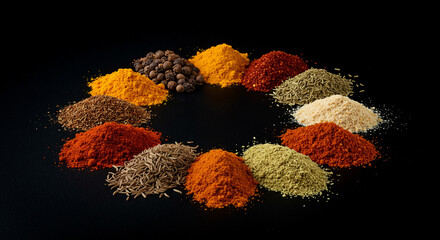 Assortment of Global Spices and Herbs on Black Background