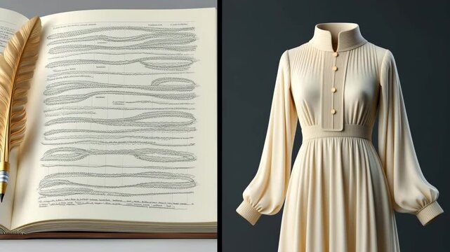 Generative fashion interface, split-screen concept showing classic sketchbook next to AI-generated, AI-generated fashion concept for future wearables, AI-generated fashion innovation runway ready