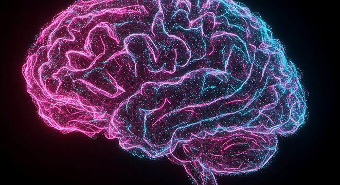 Abstract Neon Pink and Blue Glowing Human Brain Neural Network