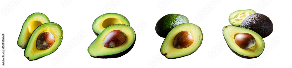 Poster set of freshly cut avocados arranged in a horizontal row. isolated on transparent background