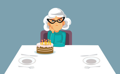 Sad Grandma Seeing her Birthday Alone Vector Concept Illustration. Elderly person left alone on his own anniversary celebration 
