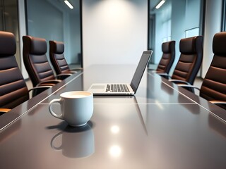 White coffee cup with laptop computer on office table for business concept, in clean office.