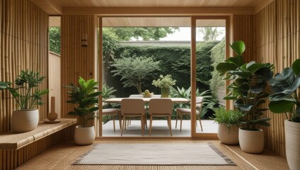 Fototapeta premium A bright and airy dining space seamlessly blends indoor and outdoor living