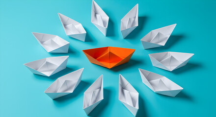 Leadership Concept Orange Origami Ship Surrounded by White Paper Ships on Turquoise Background Represents Strategy Innovation and Uniqueness