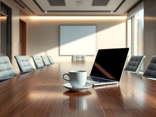White coffee cup with laptop computer on office table for business concept, in clean office.