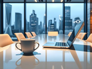 White coffee cup with laptop computer on office table for business concept, in clean office.