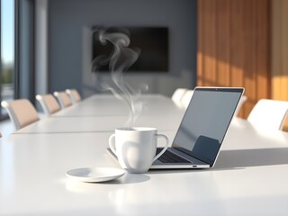 White coffee cup with laptop computer on office table for business concept, in clean office.