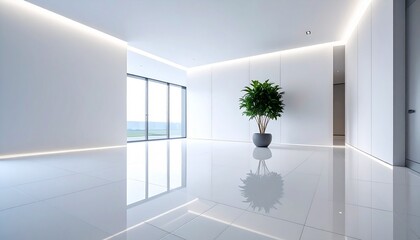 Minimalist White Interior Design with Reflective Floor and Small Plant