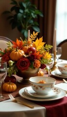 Fototapeta premium Elegant table setting showcasing fall harvest centerpiece , pumpkin, gourd