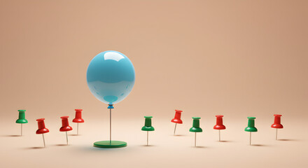 Light Blue Balloon Stands on Green Platform Surrounded by Randomly Arranged Red and Green Push Pins Against Light Brown Background