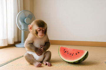Baby Monkey with Stomachache After Eating Watermelon – Cute Summer Scene in Japanese Tatami Room