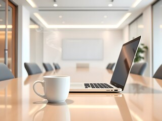 White coffee cup with laptop computer on office table for business concept, in clean office.