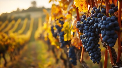 Close-up view of bunches of dark purple grapes hanging from vines.