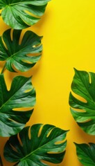 Obraz premium Lush monstera leaves create a vibrant summer scene against a yellow background Perfect for banners , summertime, design