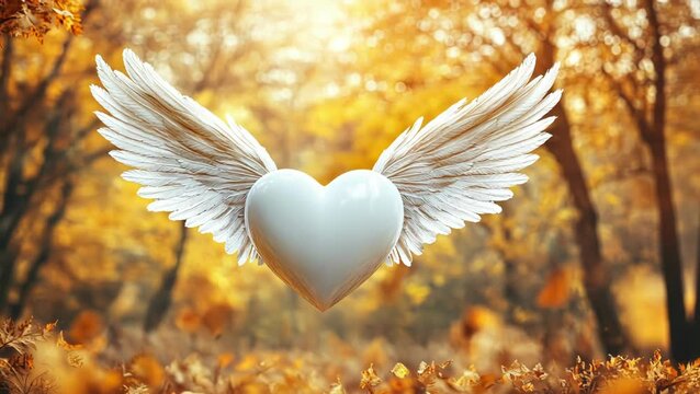 White heart with wings in autumn forest, love and hope concept