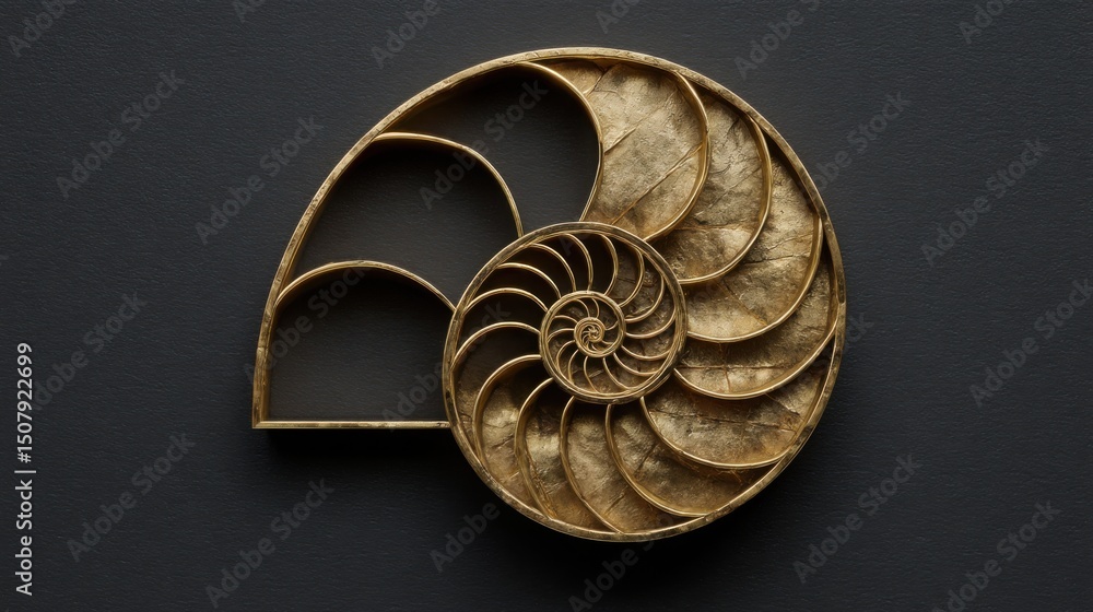 Poster intricate nautilus displaying the fibonacci spiral structure in a centralized icon concept for natur