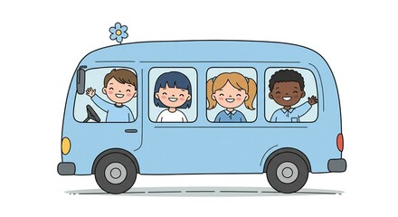 Back to school. Schoolkids in school bus, flat cartoon illustration.