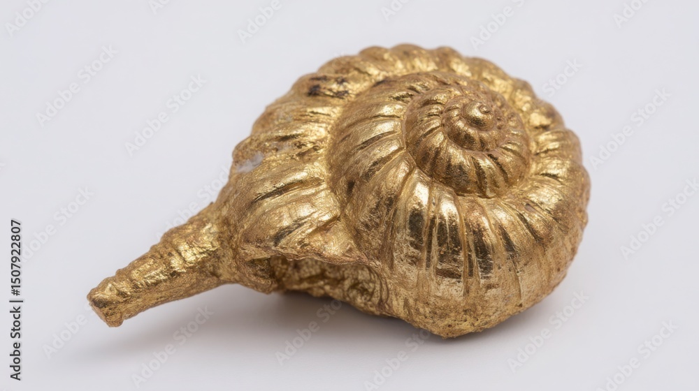 Poster polished gold object resting on a white surface emphasizing the fibonacci spiral timing concept in a