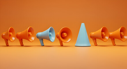 Line of Orange and Blue Megaphone for Annoucement on Orange Backdrop Minimalist Composition in 3D Rendering