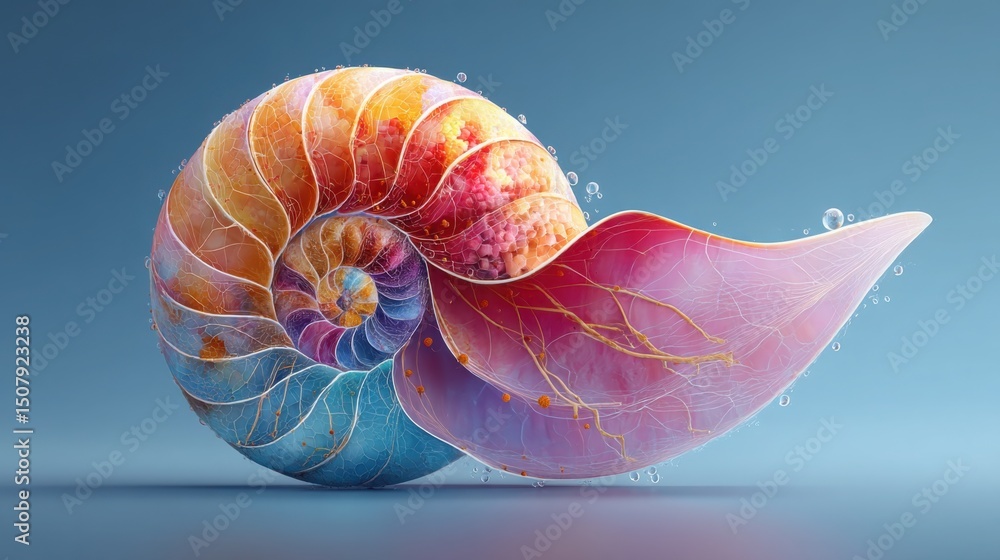 Poster a detailed representation of a nautilus illustrating the fibonacci sequence in nature with intricate
