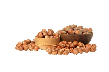 PNG, Whole peeled and unshelled hazelnuts in bowls, isolated on white background