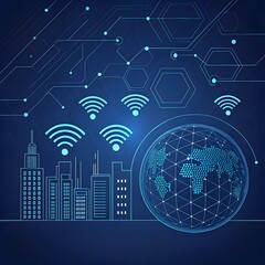 Obraz premium Global wireless communication concept with digital city skyline and world map.