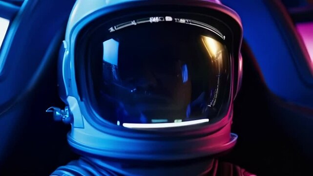 Close up, slow motion: A close-up view of an astronaut helmet in motion flat style. Space reflections dance across the visor, and a glowing UI panel illuminates the interior