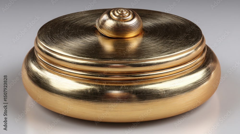 Poster a striking gold colored container reflecting light with depth and dimension in an artistic compositi