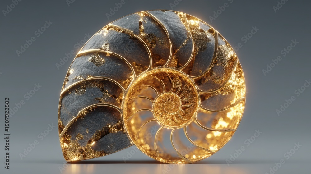 Poster a gold and silver nautilus displayed in an artistic way highlighting its intricate patterns and natu