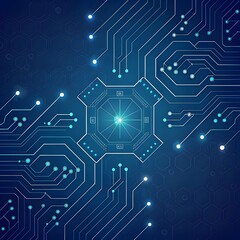 "Futuristic microchip with glowing circuit lines on a dark blue digital background."

