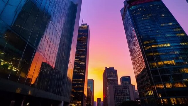 An urban cityscape during sunset, with tall buildings glowing under ambient HDR lighting