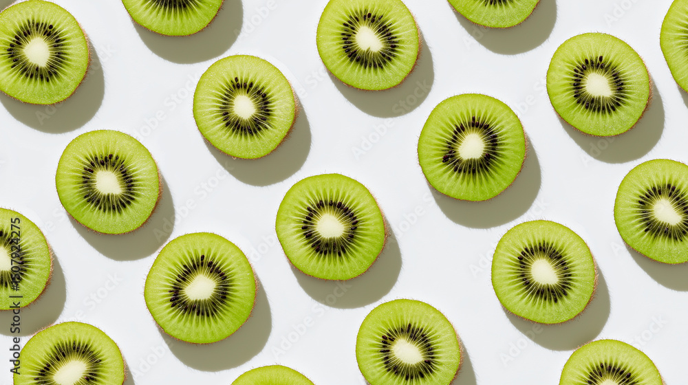 Poster top view of neatly arranged sliced kiwi halves on a white background, showcasing vibrant green color
