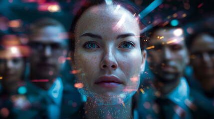 Close-up of a determined businesswoman with a digital data overlay, while her colleagues appear blurred in the background, symbolizing leadership in a tech-driven world.
