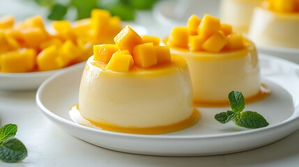 Delicious Mango Panna Cotta with Fresh Mint on a White Plate and Table