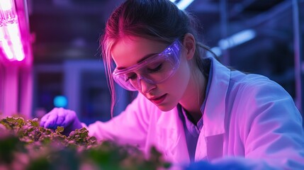 A scientist studying toxic soil under a glowing ultraviolet scanner 