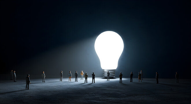 Luminous Lightbulb Surrounded by Silhouetted Figures Symbolizing Innovation and Idea Generation on a Dark Minimalist Background
