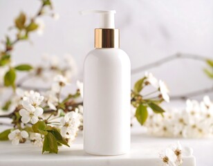 White pump bottle, minimalist design, blossoms