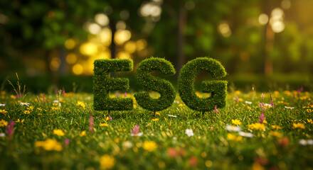 Lush Green Esgs in a Field of Wildflowers Under a Bokeh Sunlit Trees in a Green Meadow Promote Environmental and Social Responsibility