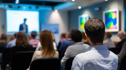 Obraz premium Audience attending a formal presentation or seminar in a modern room with abstract artwork on the walls. 