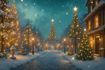 Obraz premium 雪の降るクリスマスの夜の街並み、クリスマスツリーが輝く美しい風景