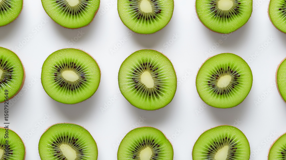 Poster top view of neatly arranged sliced kiwi halves on a white background, showcasing vibrant green color